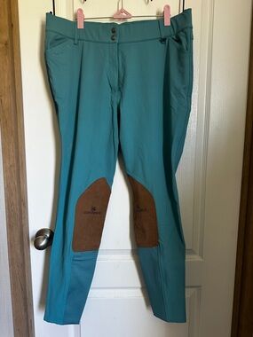 Romfh Teal Riding Breeches with Tan Knee Patches